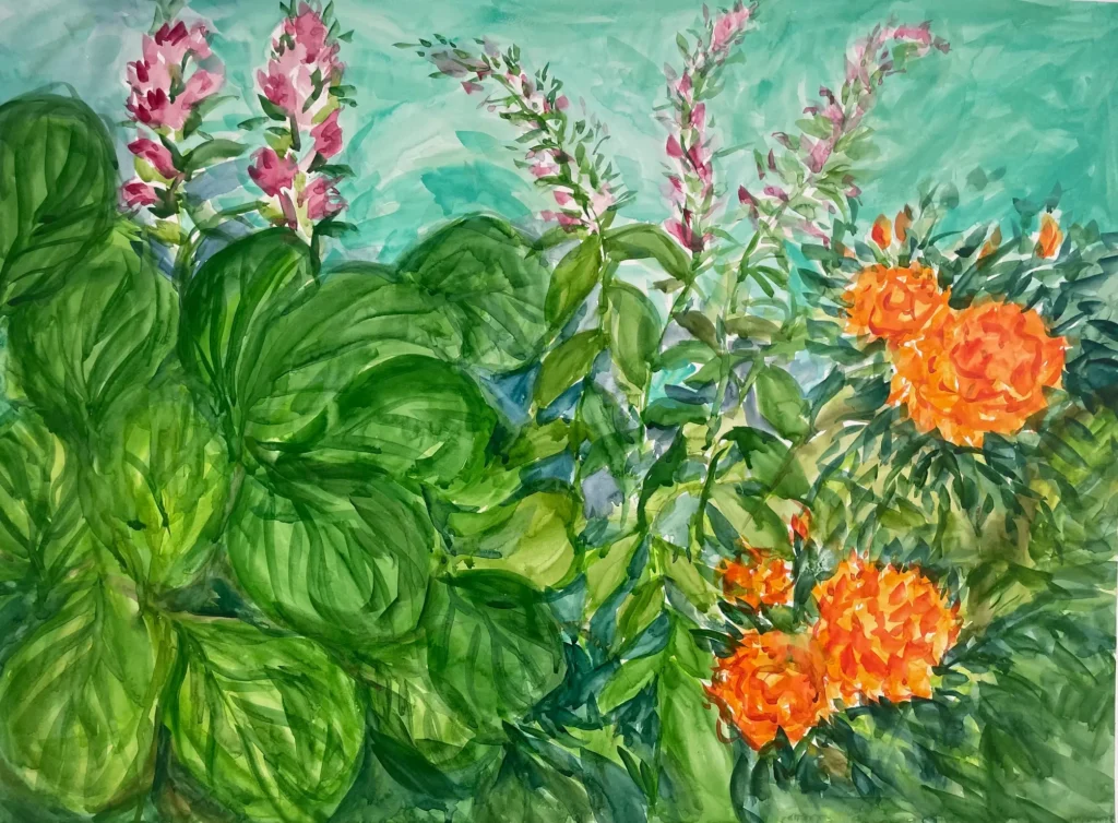 a painting of orange marigolds and other pin flowers and large green leaves