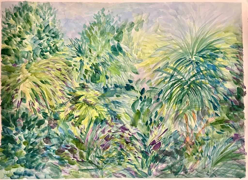 paiting of a garden with green backdrop