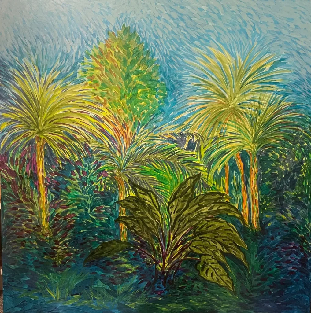 A painting of a garden with tall palm trees