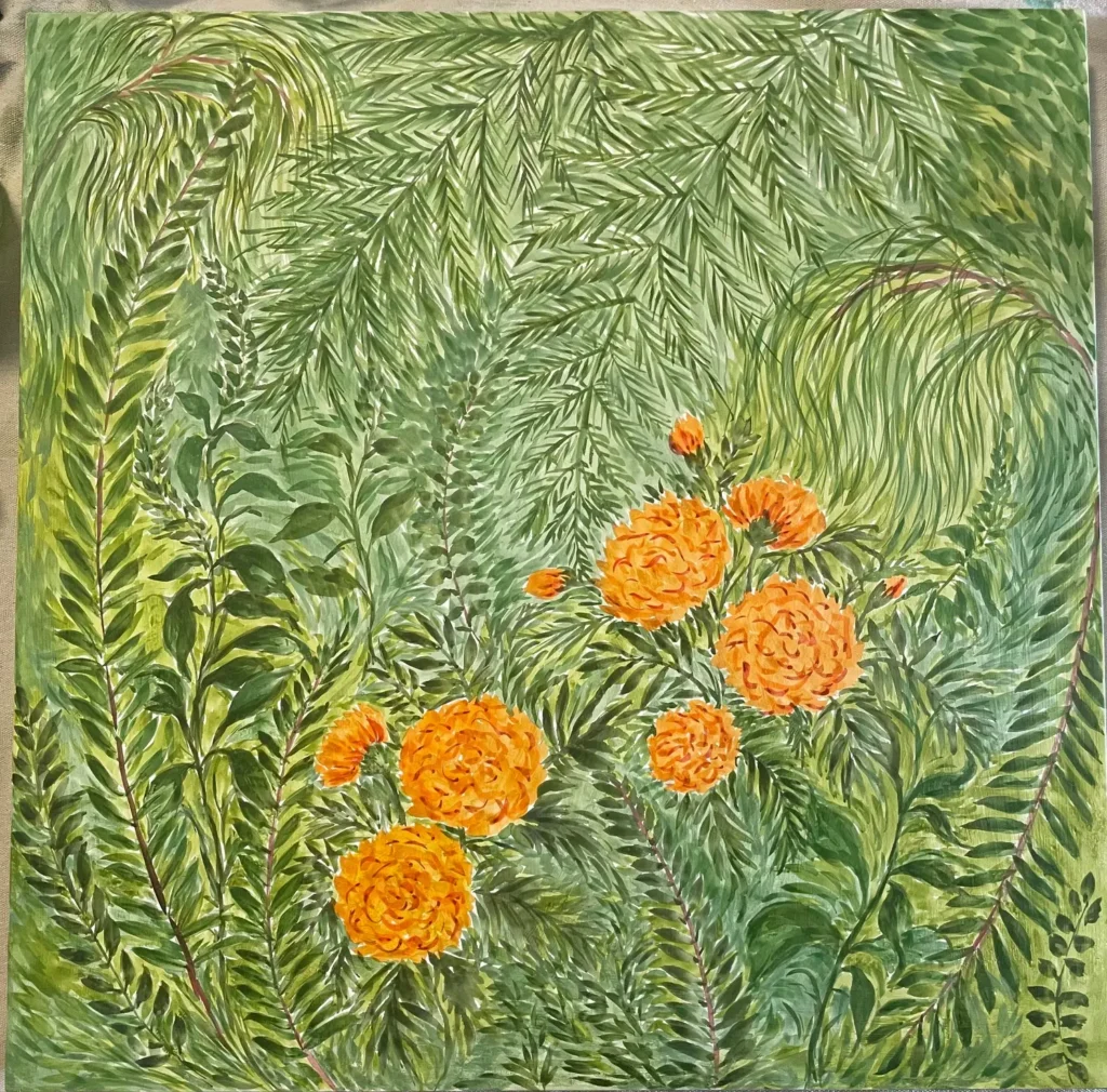 a painting of orange marigolds in greenery