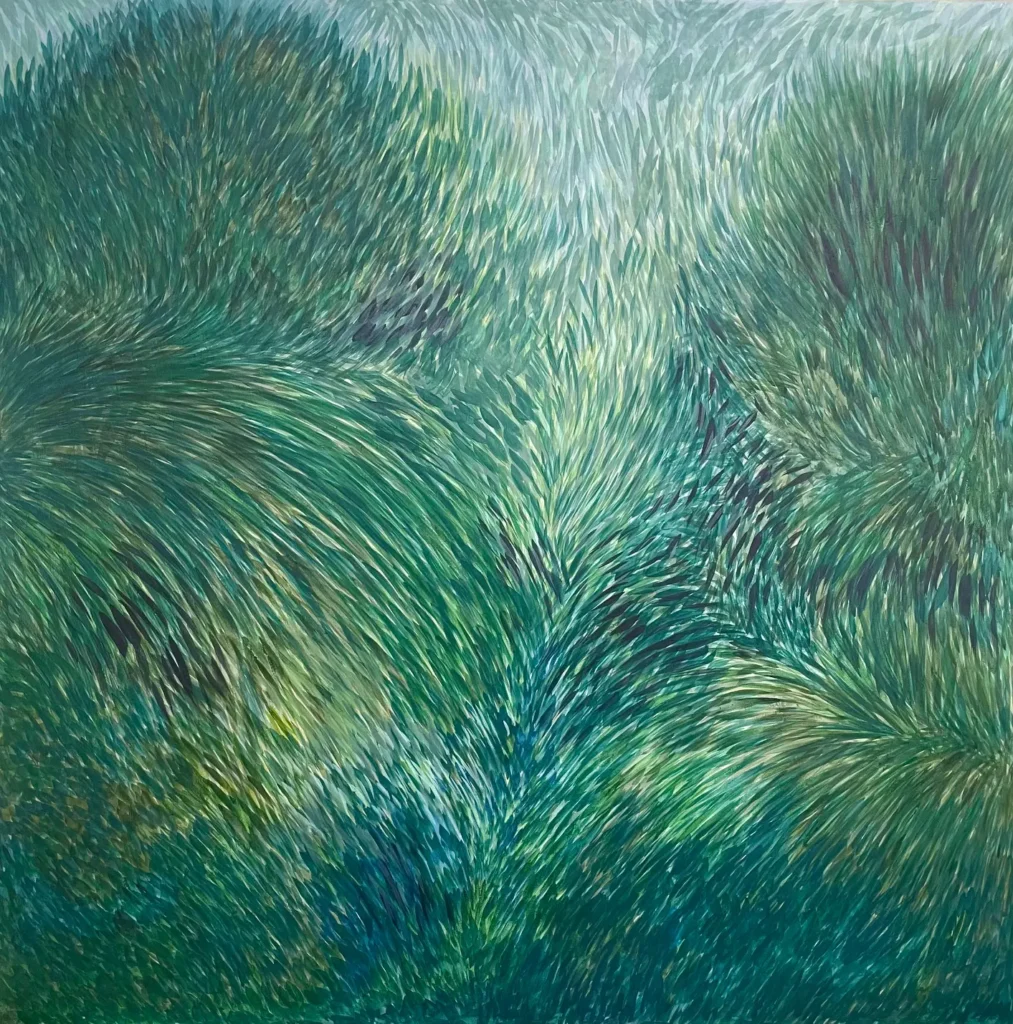 an abstract painting of green leaves